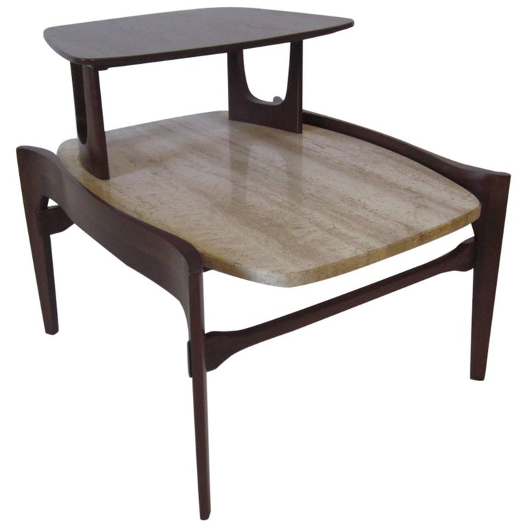 Travertine and Sculptural Walnut End / Side Table for Gordon Furniture