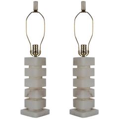 Italian Mid-Century Modern Art Deco Stacked Alabaster Table Lamps