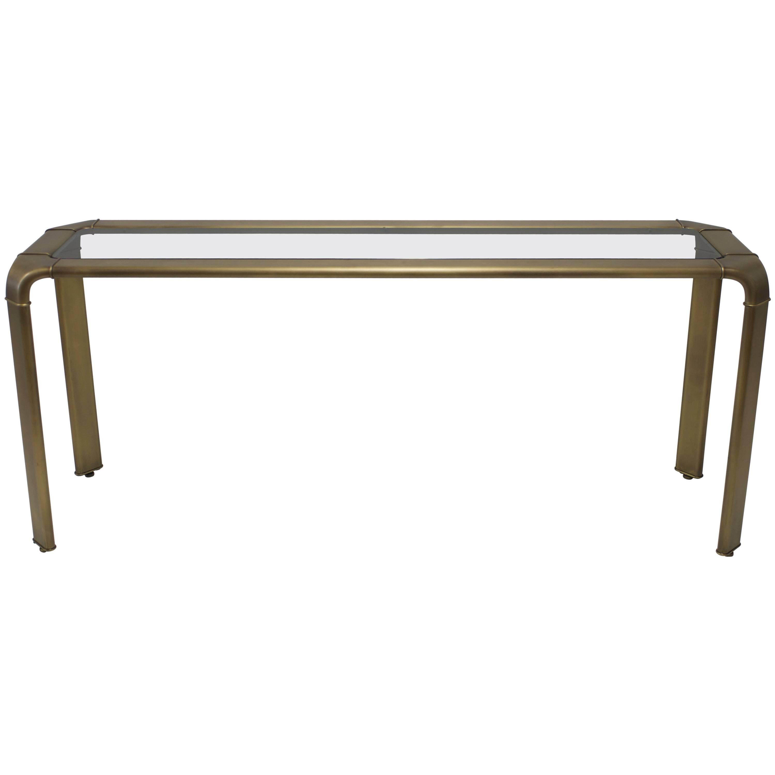 John Widdicomb Burnished Brass Console Table with Smoked Grey Glass