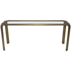John Widdicomb Burnished Brass Console Table with Smoked Grey Glass