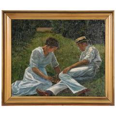 Antique Oil on Canvas Painting of a Couple Playing Checkers, circa 1915