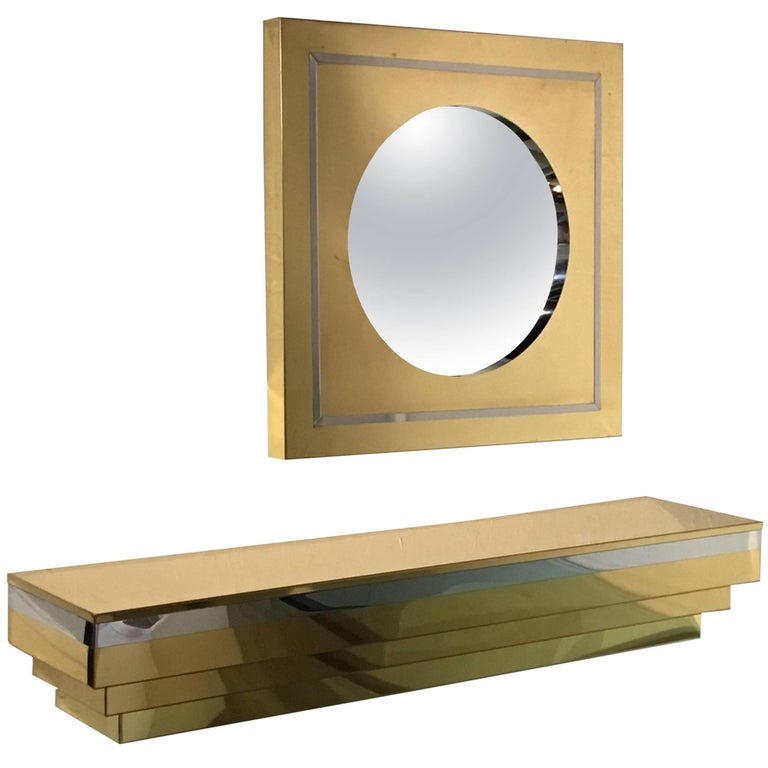 Brass and Chrome Wall-Mounted Console and Mirror by Curtis Jere For Sale