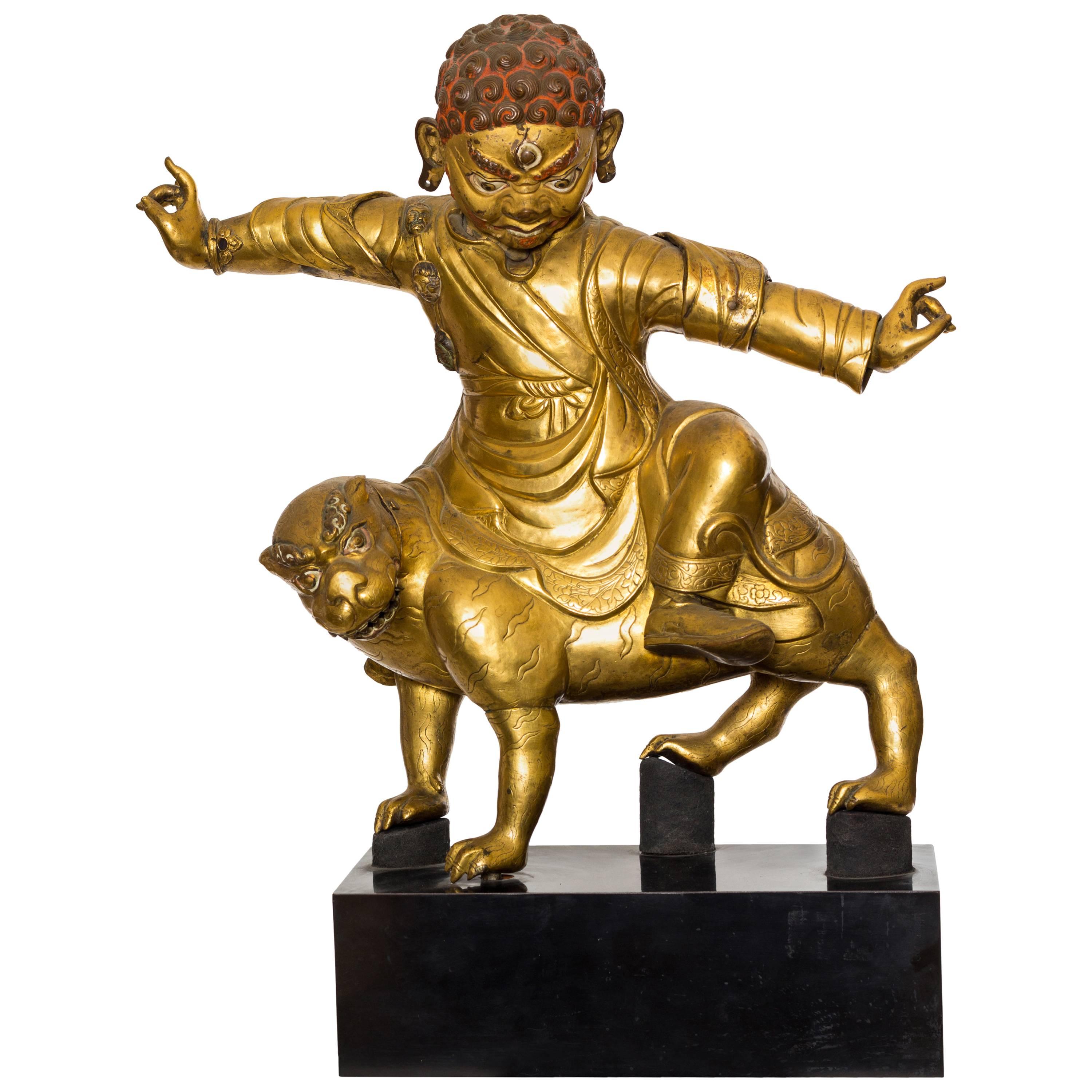 Tibetan Dharmapala on Tiger Gilt Copper For Sale