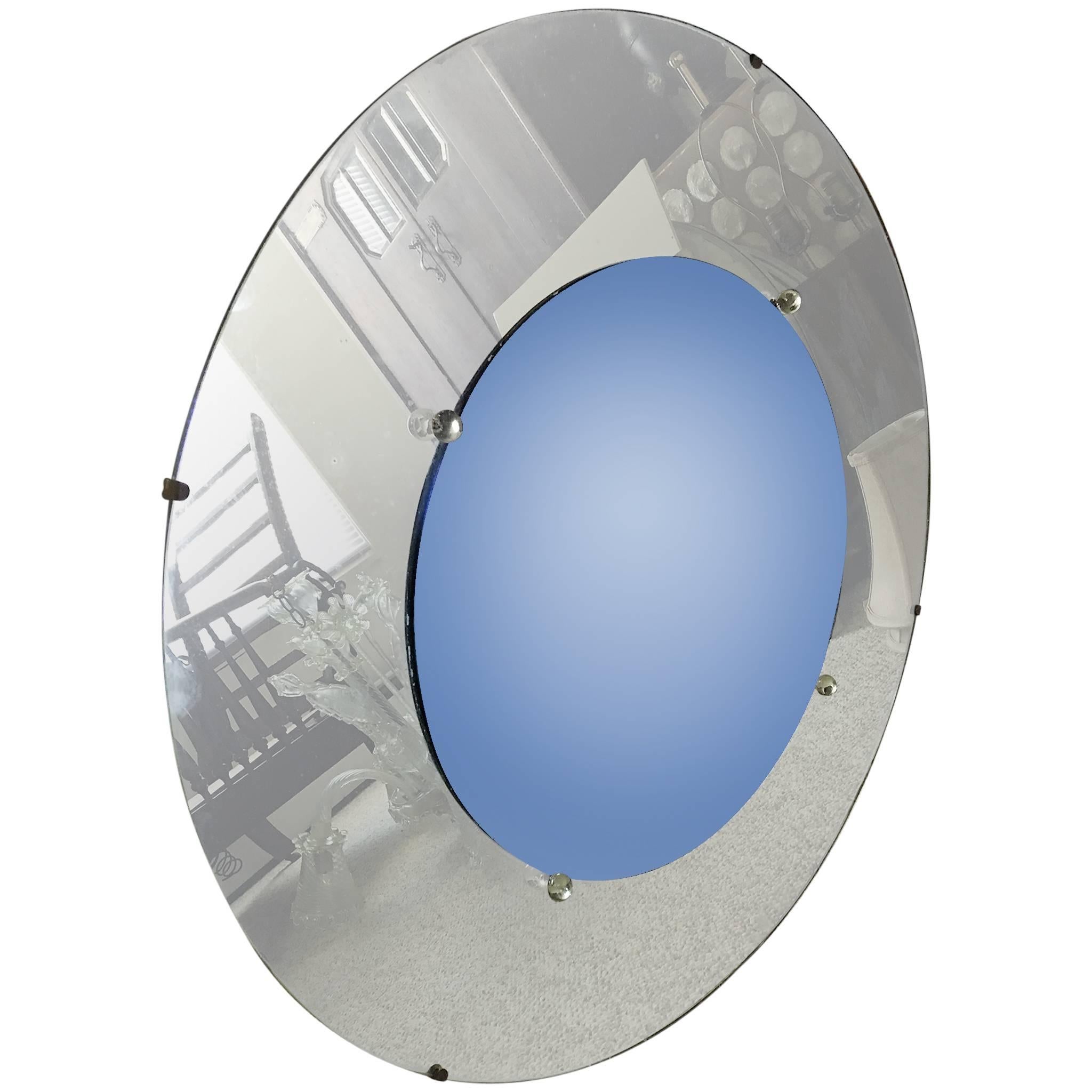 Modernist Art Deco Cobalt Blue and Clear Convex Bullseye Mirror For Sale