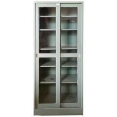 Steel Medical Dental Lab Cabinet, Sliding Doors and Shelves, Retro Industrial