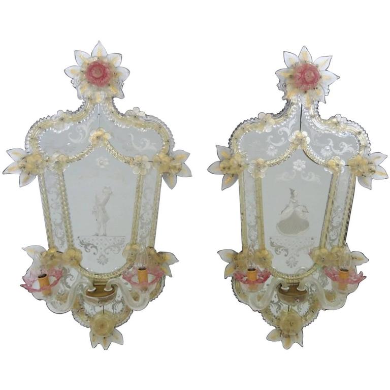Pair of Antique Venetian Glass Mirrored Sconces at 1stdibs