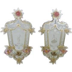 Pair of  Antique Venetian Glass Mirrored Sconces