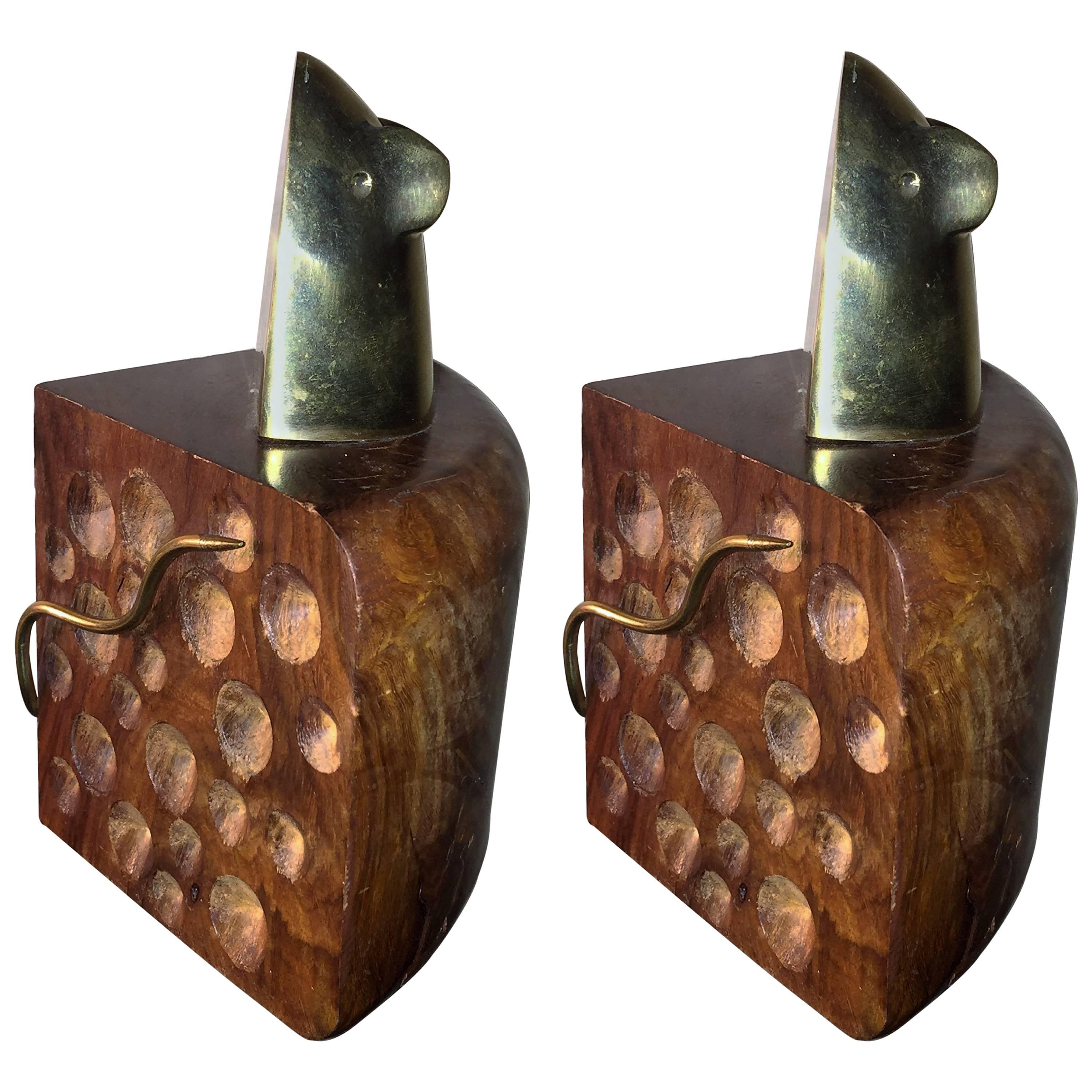 Modernist Pair of Wood and Brass Mouse and Cheese Bookends For Sale