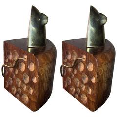 Vintage Modernist Pair of Wood and Brass Mouse and Cheese Bookends