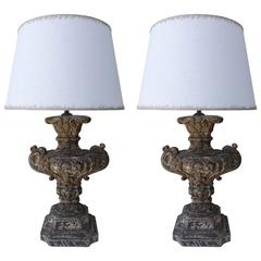 Pair of Italian Painted Wood Lamps with Custom Linen Shades