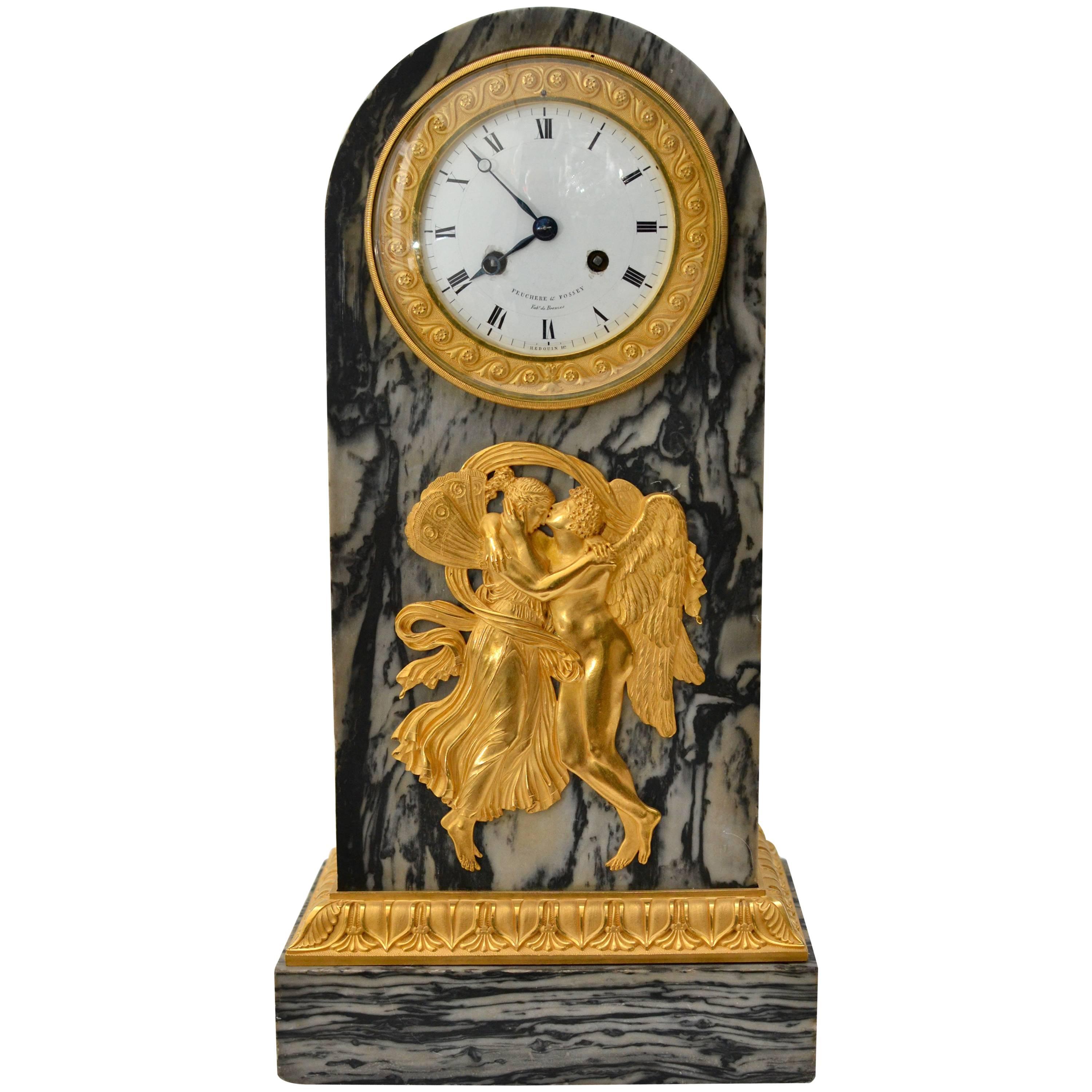 Empire Gilt Bronze and Marble Mantel Clock Signed Feuchere & Fossey and Hedou