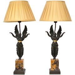 Pair of Empire Lamps, Marble and Patinated Bronze, circa 1830 Pair of Empire Lamps, Marble and Patinated Bronze, circa 1830