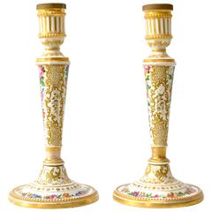 Antique Pair of Gilt and Painted Porcelain Candlesticks, 19th Century