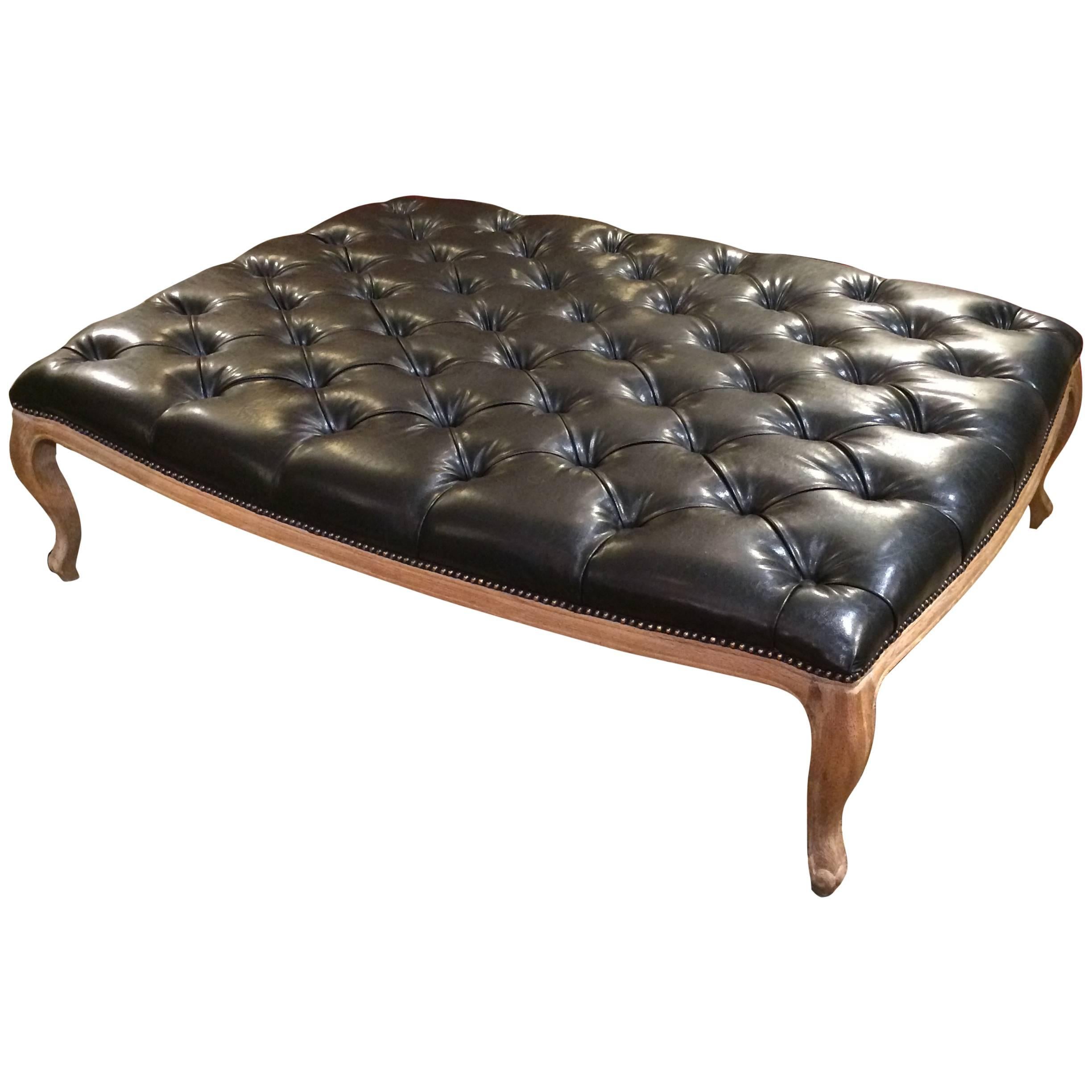 Very Large Button Tufted Black Faux Leather Ottoman Coffee Table