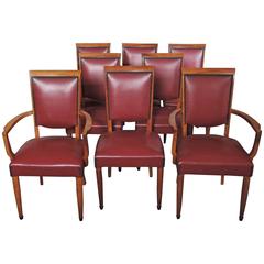 Set of Six 1950s Side and Two Arm Walnut Chairs by Leleu