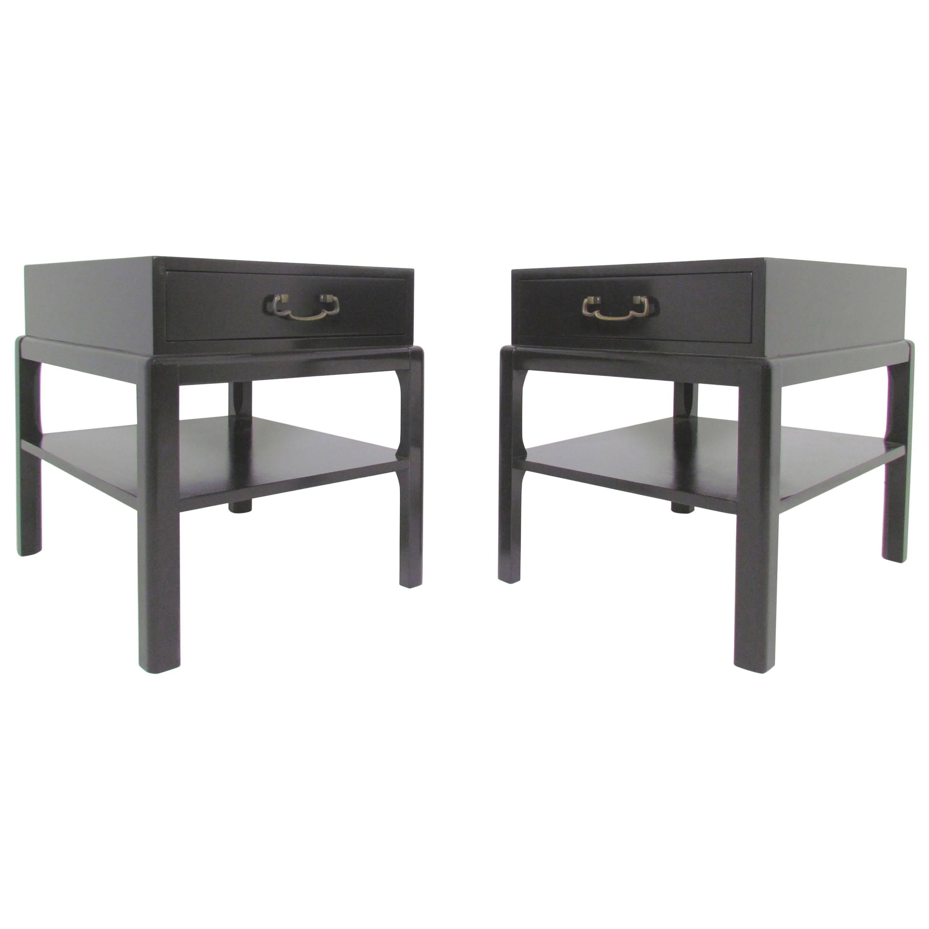 Pair of Mid-Century Two-Tiered Ebonized End Tables