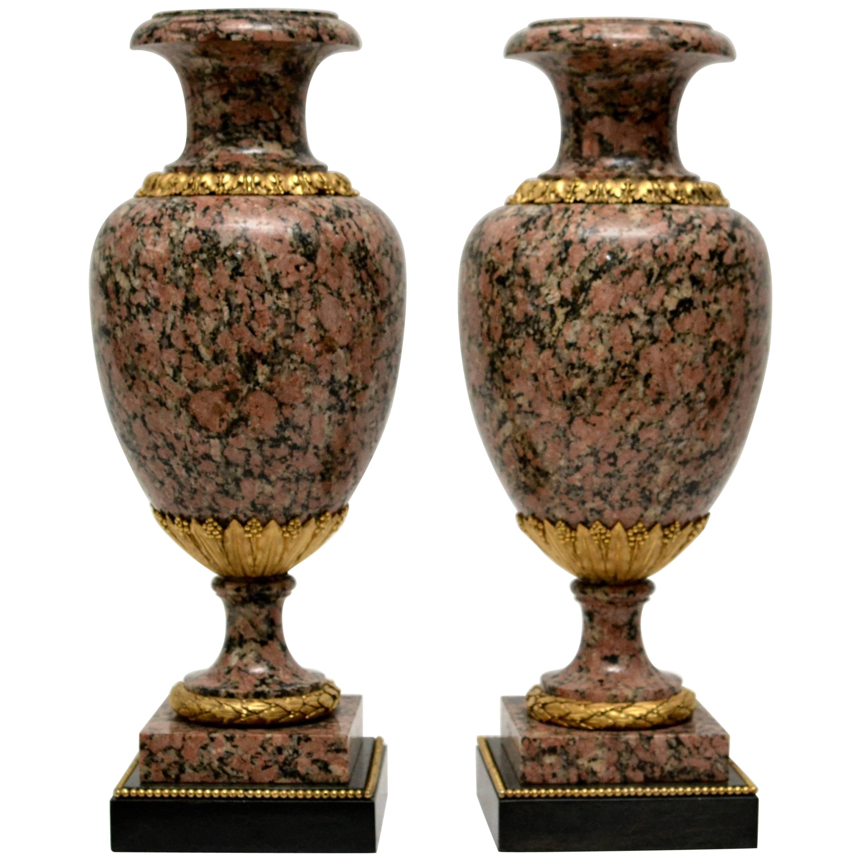 A Large Pair of Ormolu Mounted Louis XVI Style Granite Urns, 19th Century