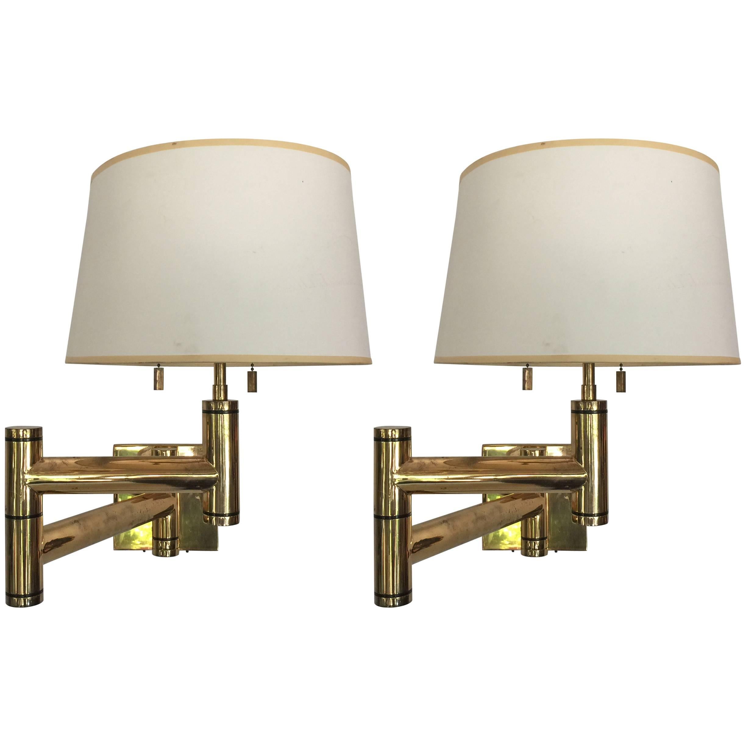 Pair of Karl Springer Swing Arm Wall Lamps in Heavy Brass