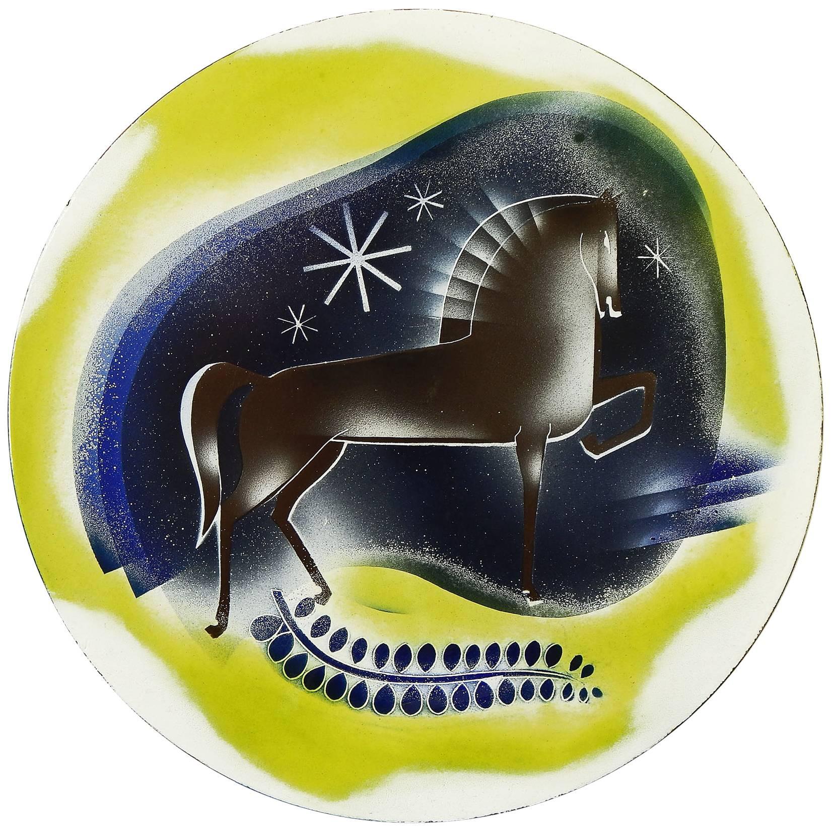 Großes, fabelhaftes Art-Déco-Rondell-Paneel "Horse im Mitternachtshimmel" von Winter im Angebot