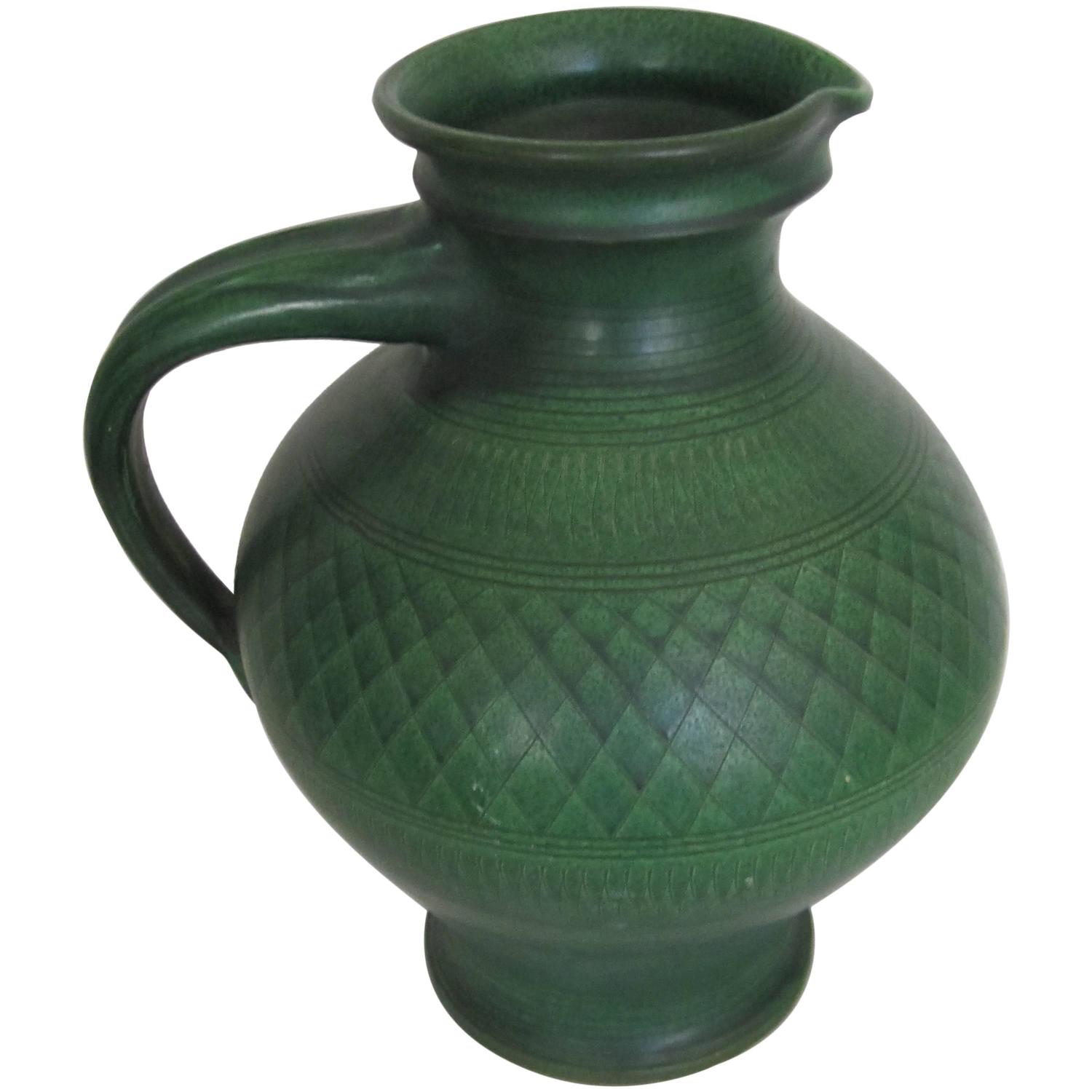 Large Vintage Handmade European Green Pottery Pitcher or Vessel For