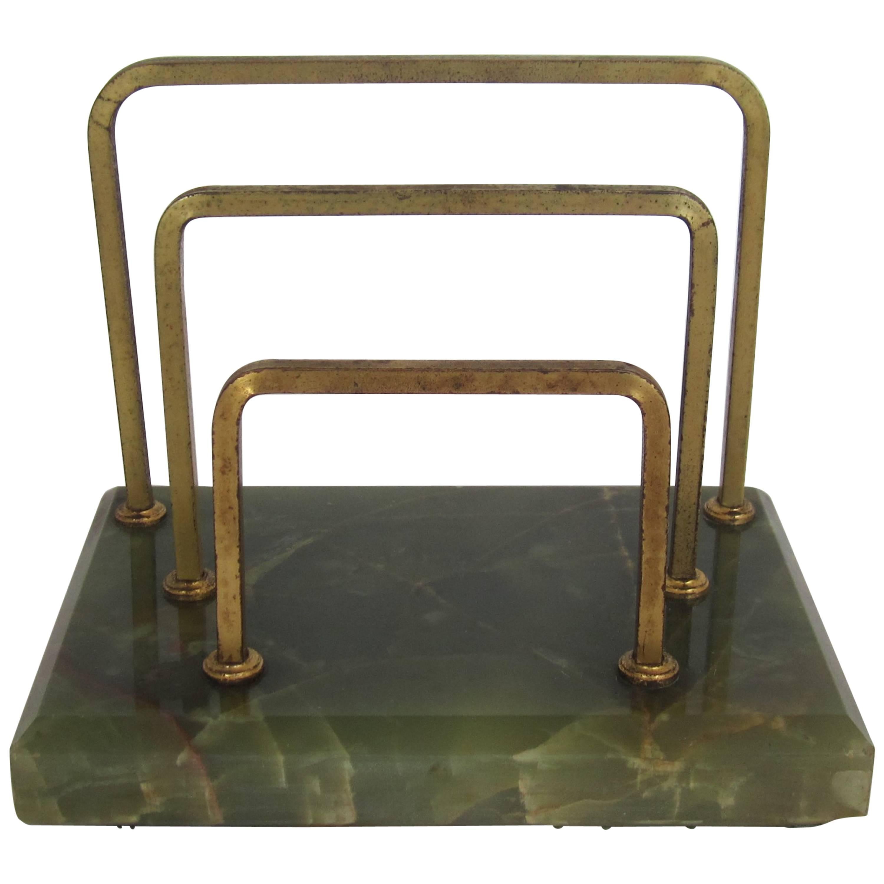 Vintage Brass and Green Onyx Mail or Letter Desk Organizer