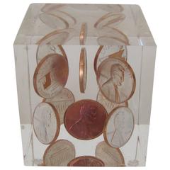 Vintage Lucite and Copper Penny Paperweight, circa 1974
