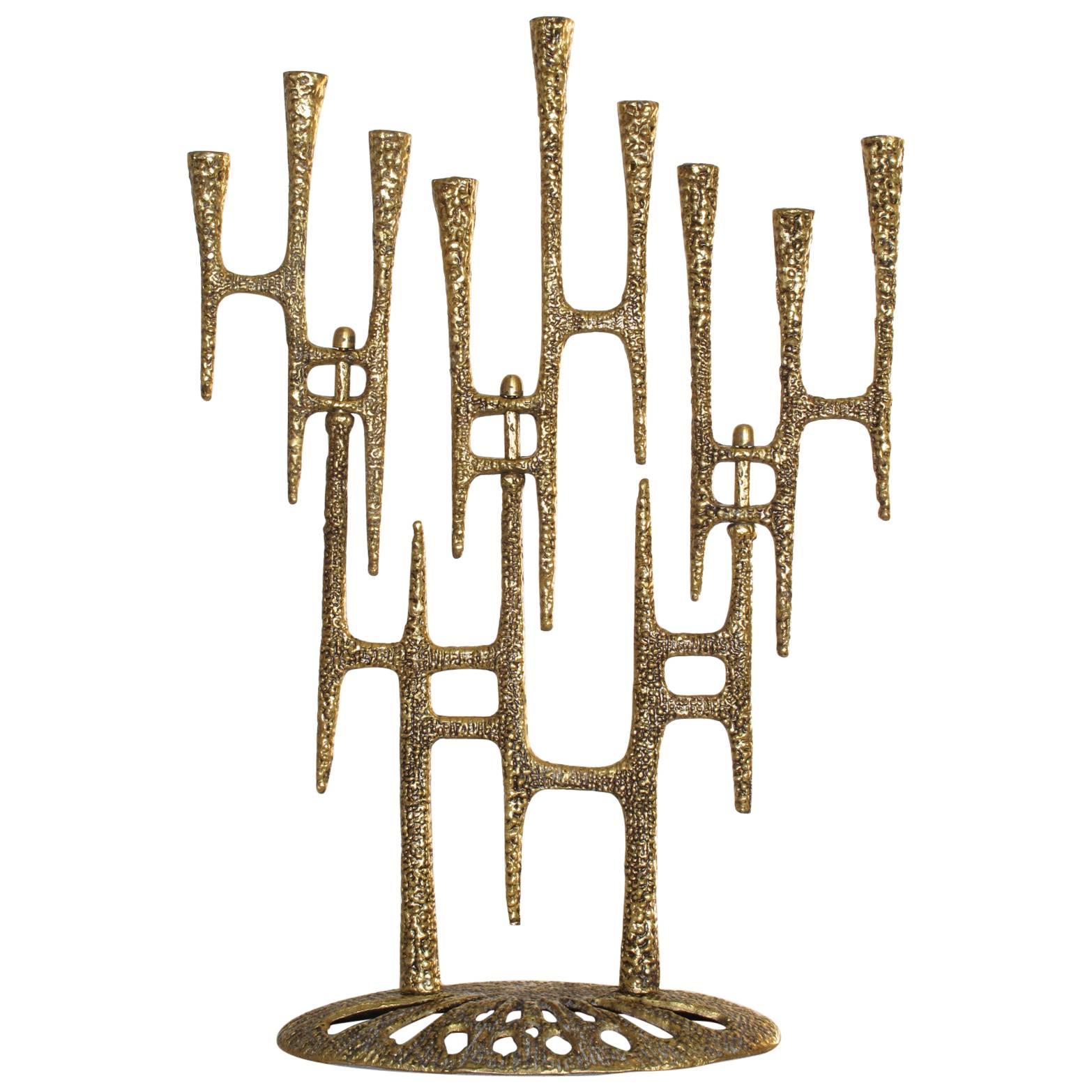 Decorative Brutalist Style Brass Menorah, Handmade in Israel, 1970s For Sale