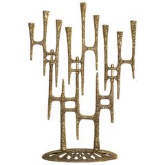 Vintage Decorative Brutalist Style Brass Menorah, Handmade in Israel, 1970s