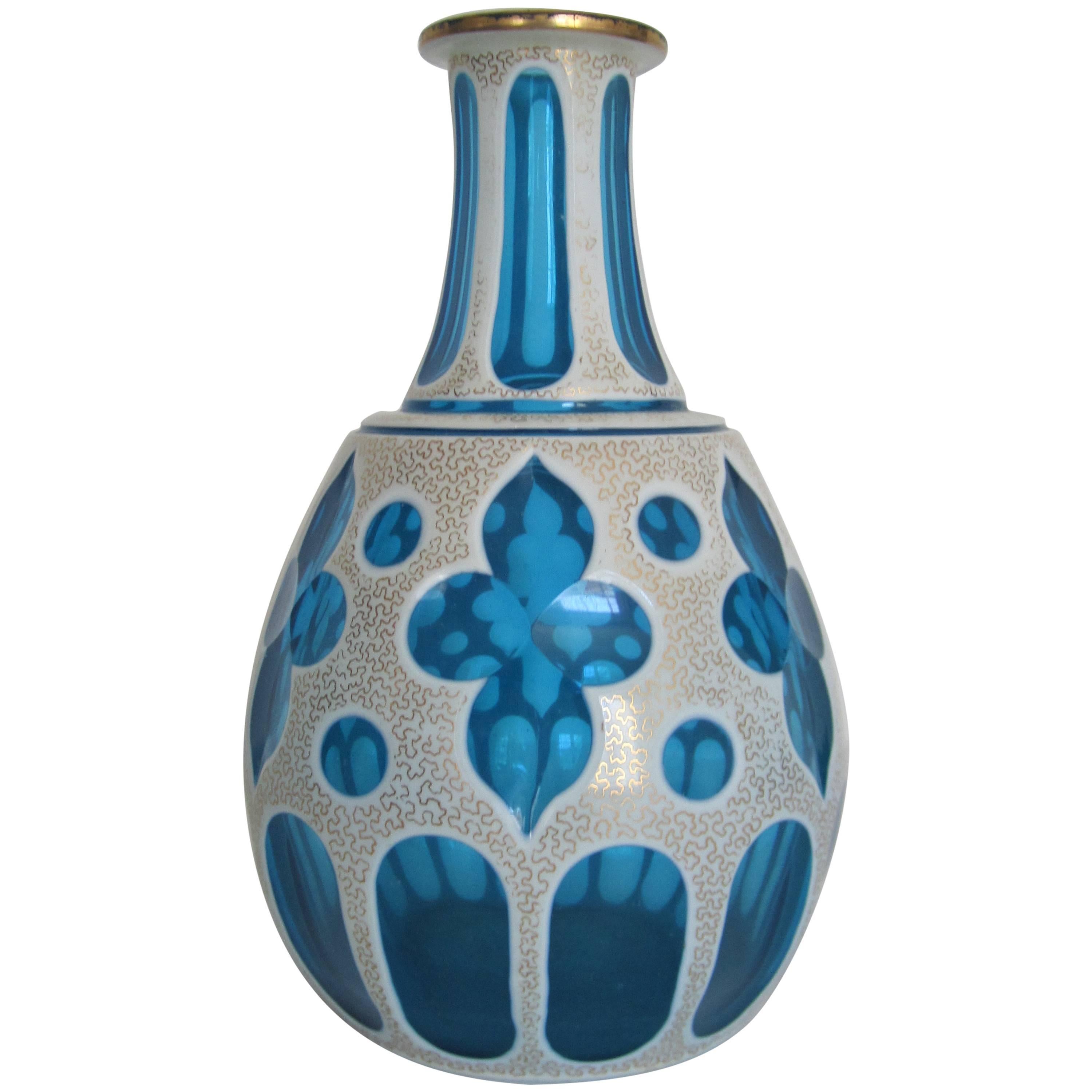Czech Bohemian Blue and White Vase Overlay Cut Art Glass For Sale