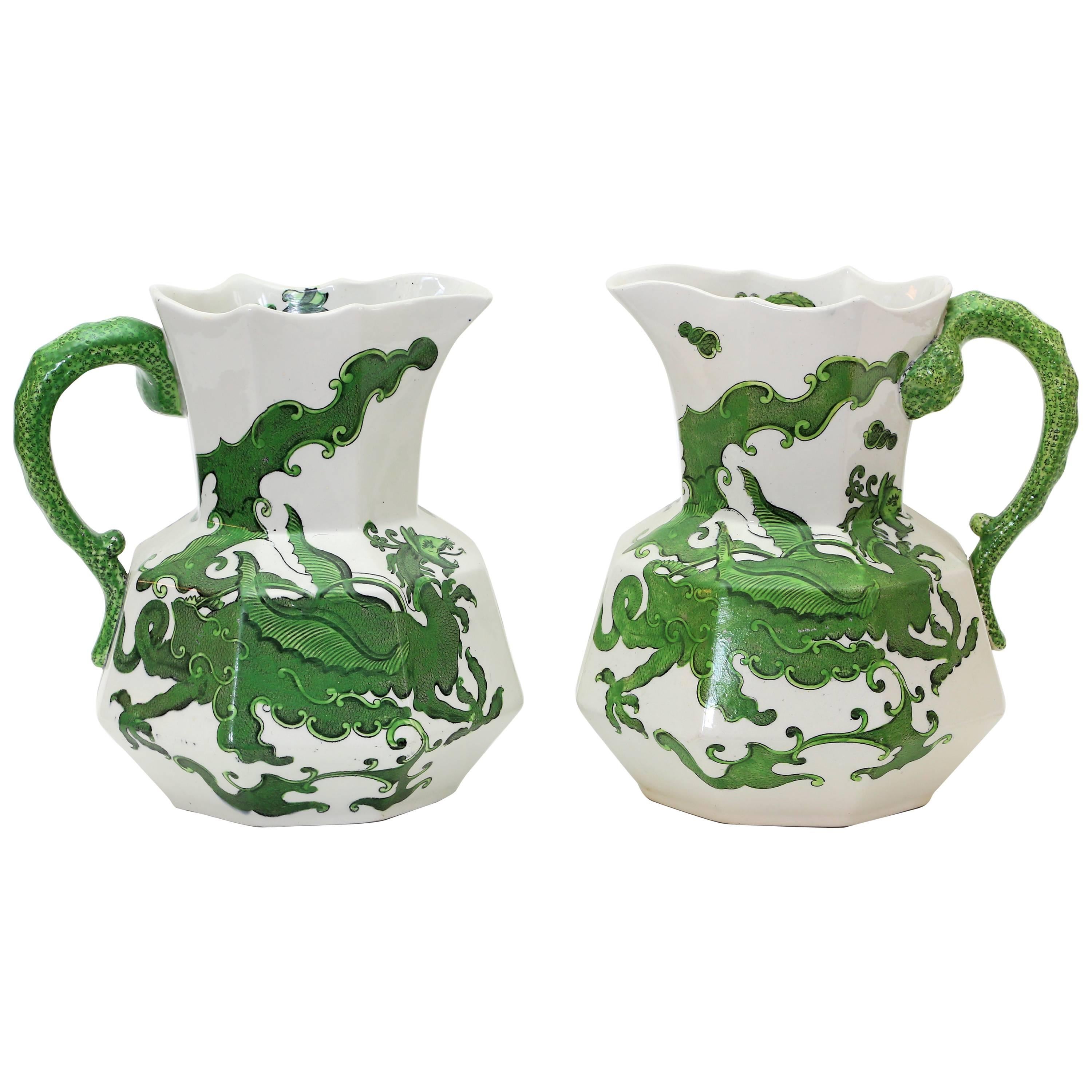 Pair of Tall Mason Ironstone Ewers in Green Dragon Pattern For Sale