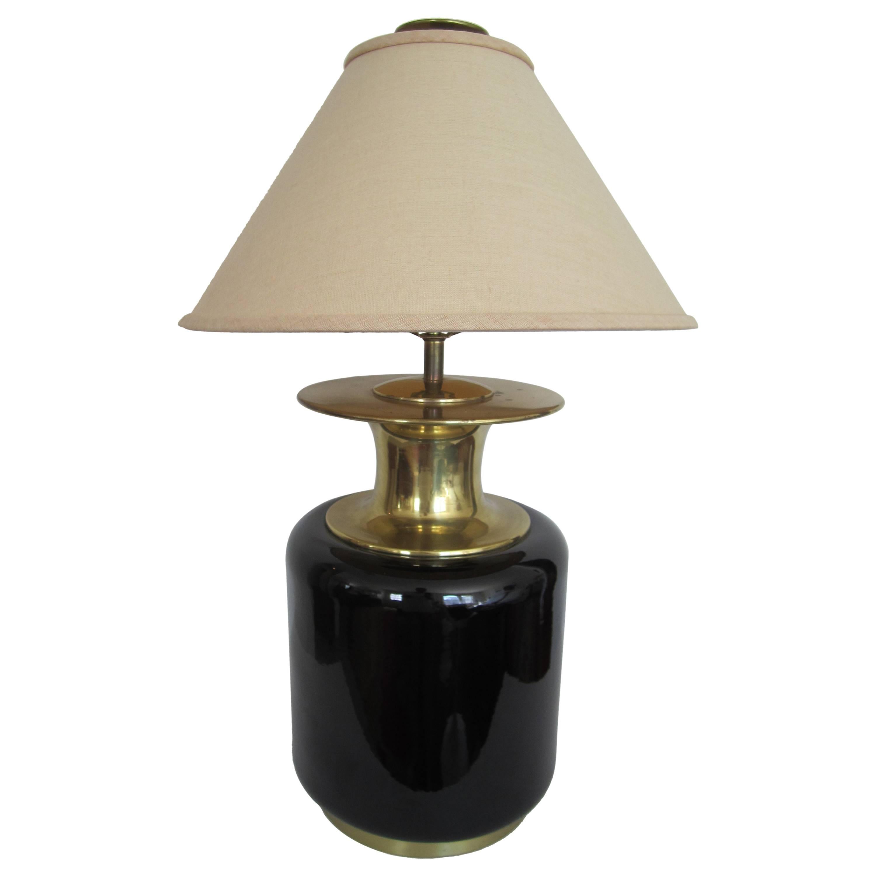 Black Ceramic and Brass Table Lamp by Champman Postmodern, circa 1980s For Sale