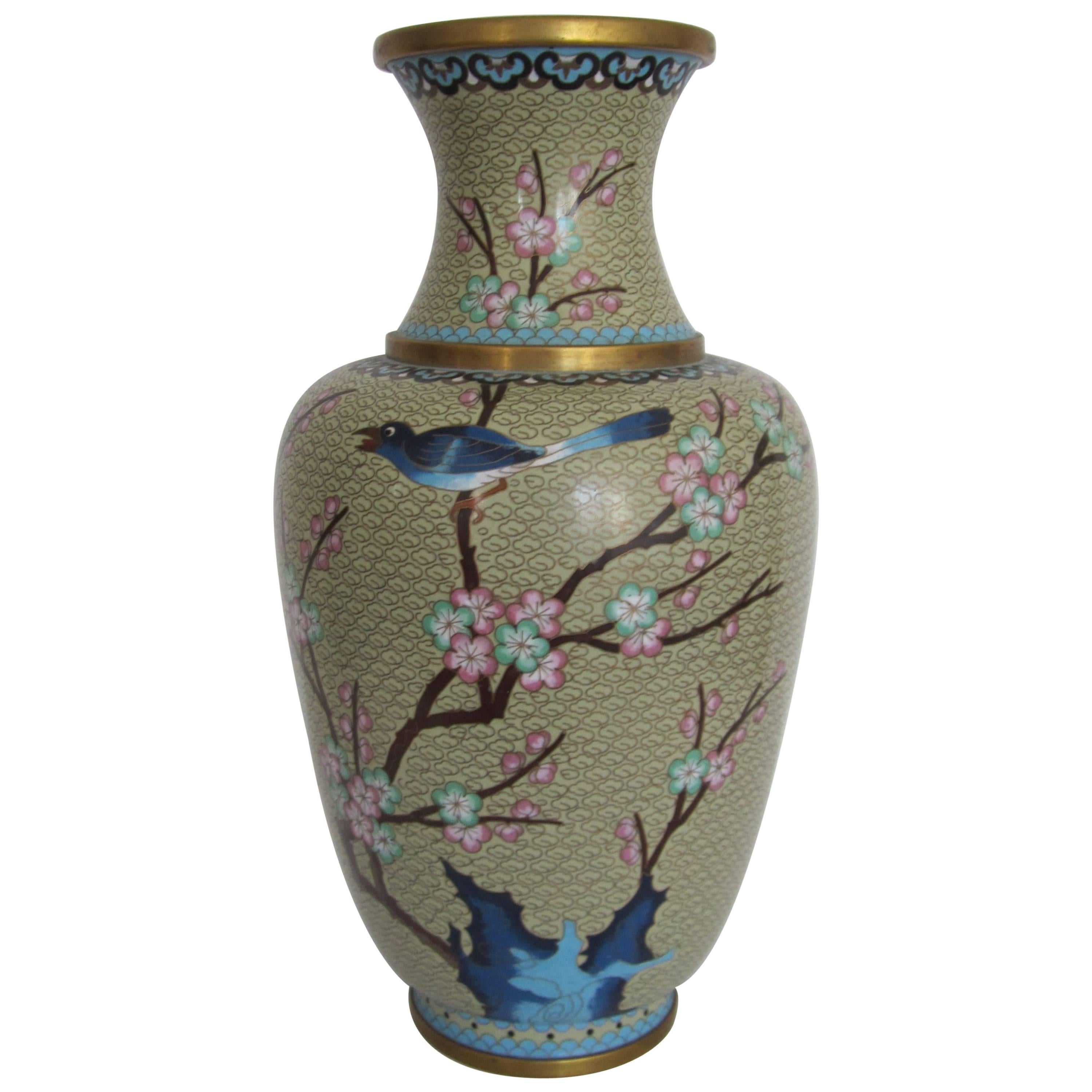 Beautiful Large Vintage Asian Cloisonné Vase with Bird, circa 1970s
