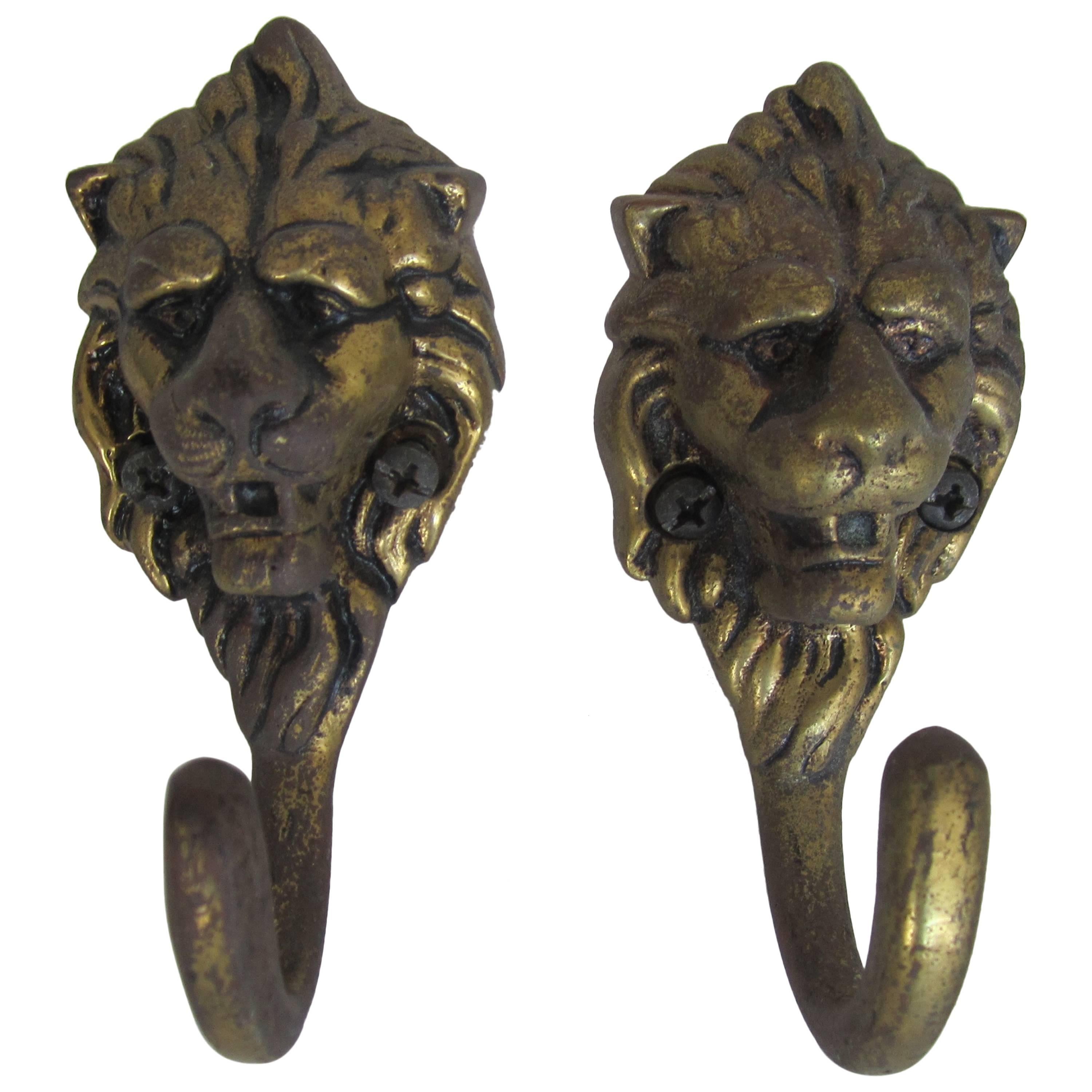 Vintage Pair of European Brass Lion Head Hardware Wall Hooks