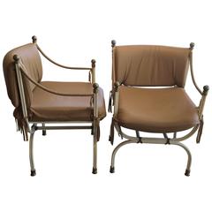 Leather Wrapped Iron and Bronze Campaign Chairs