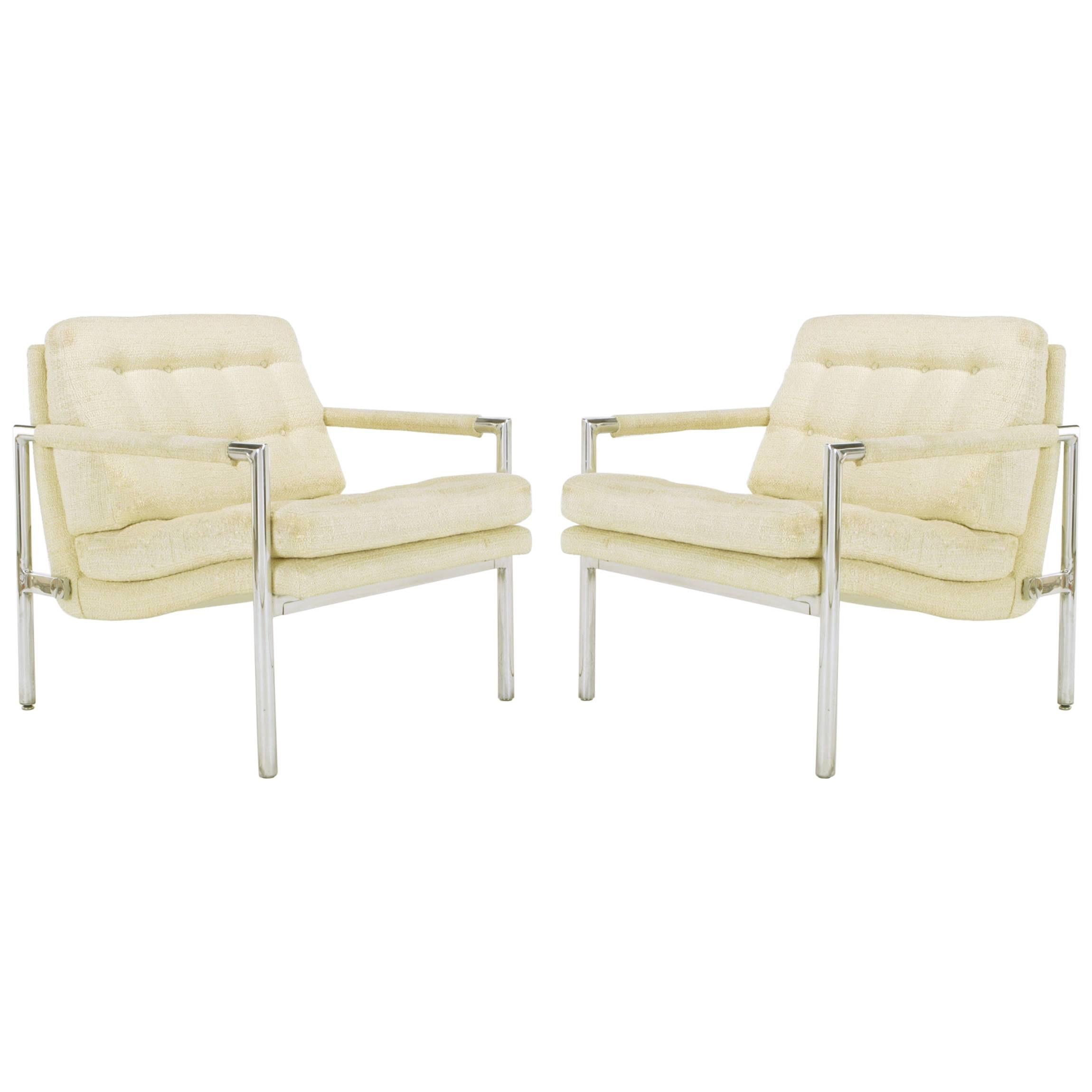 Pair of Polished Aluminum & Linen Lounge Chairs in the Manner of Harvey Probber For Sale