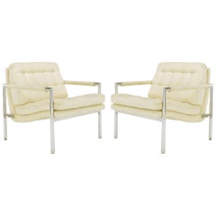 Vintage Pair of Polished Aluminum & Linen Lounge Chairs in the Manner of Harvey Probber