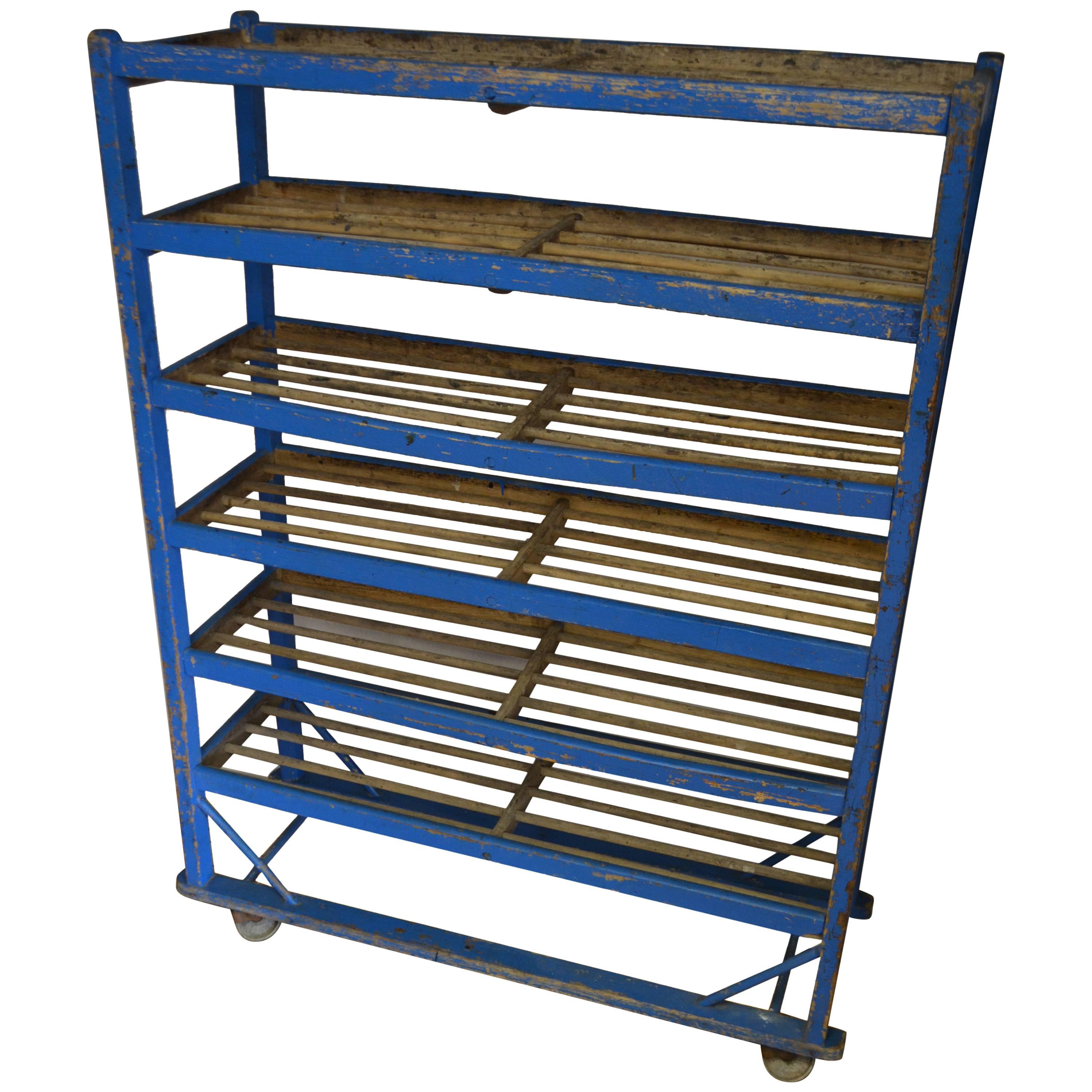 Shoe Bakery Cart Stand with Wheels of Wood in Original Primitive Blue Paint