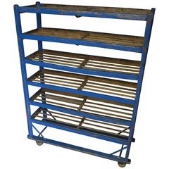 Shoe Bakery Cart Stand with Wheels of Wood in Original Primitive Blue Paint