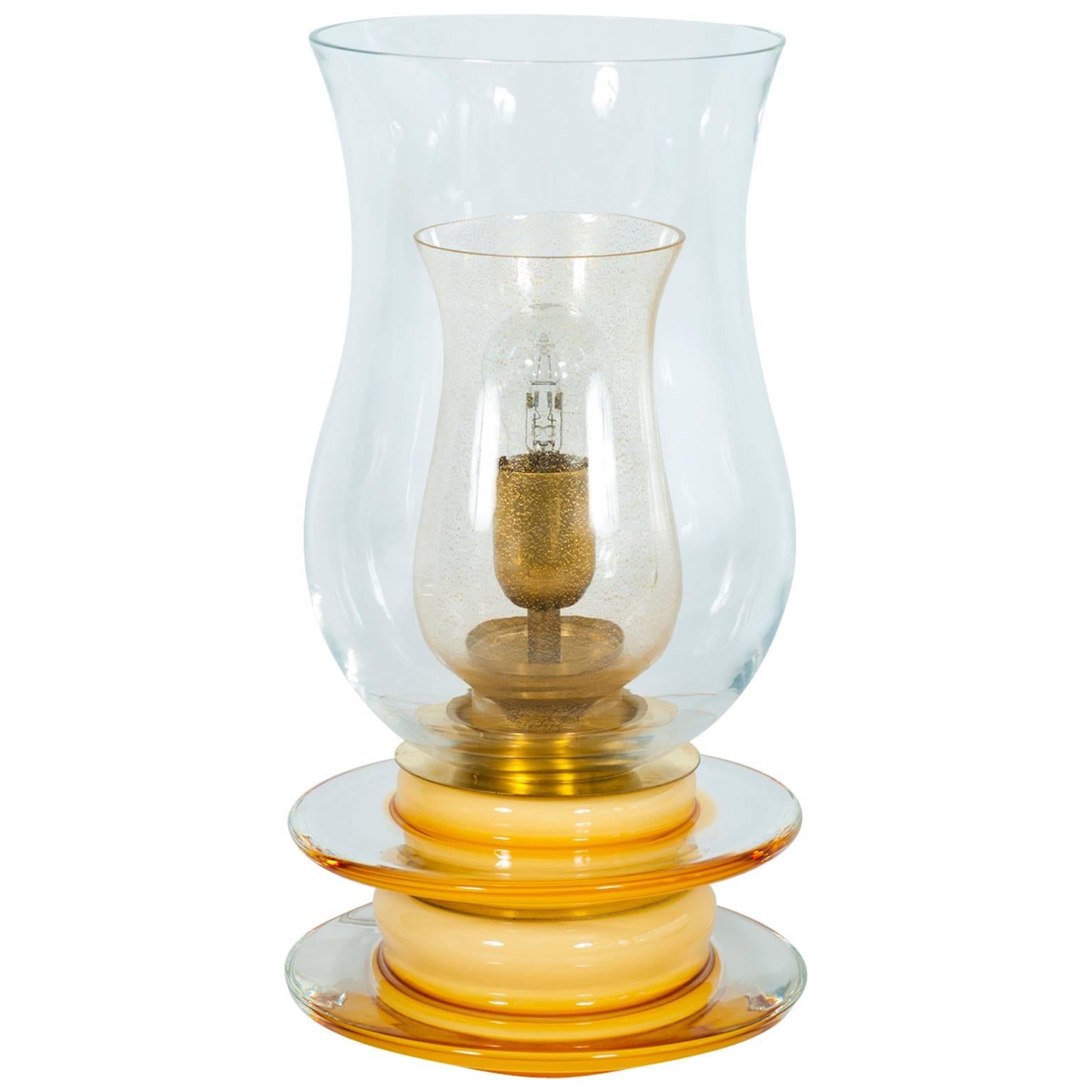 Italian Venetian, Table Lamp, Blown Murano Glass, Candle Shape, Gold Amber, 1970s For Sale