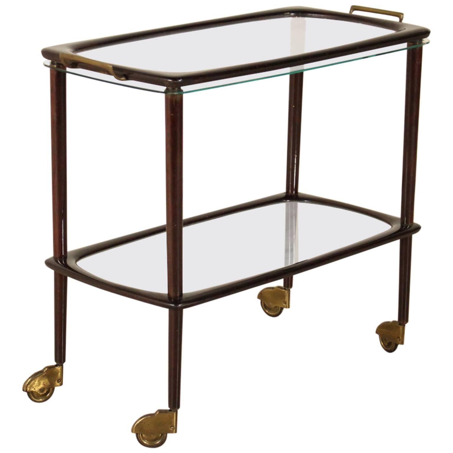 Service Cart with Removable Tray Stained Wood Glass Brass, Italy, 1950s