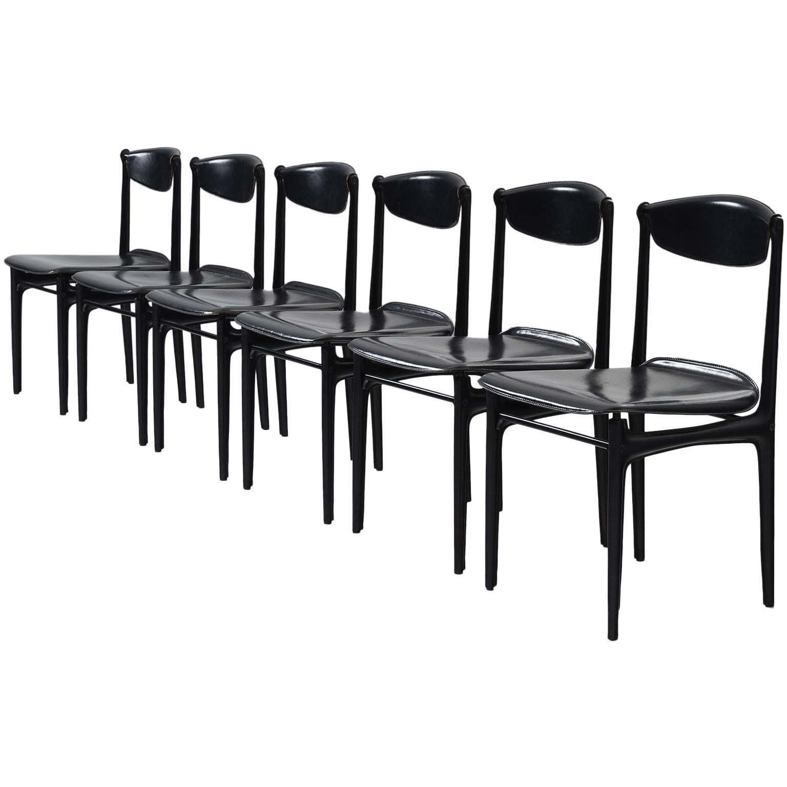 Set of Six Dining Chairs in Black Leather