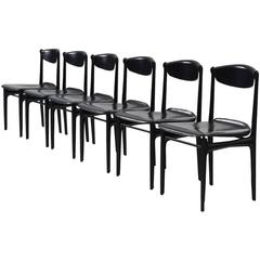 Vintage Set of Six Dining Chairs in Black Leather
