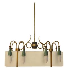 Italian Mid-Century Chandelier Sanded Glass Diffuser and Organic Brass Structure 2