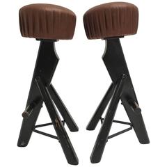 Pair of Brutalist Black Stained Solid Oak and Brown Leather Bar Stools, 1970s 12
