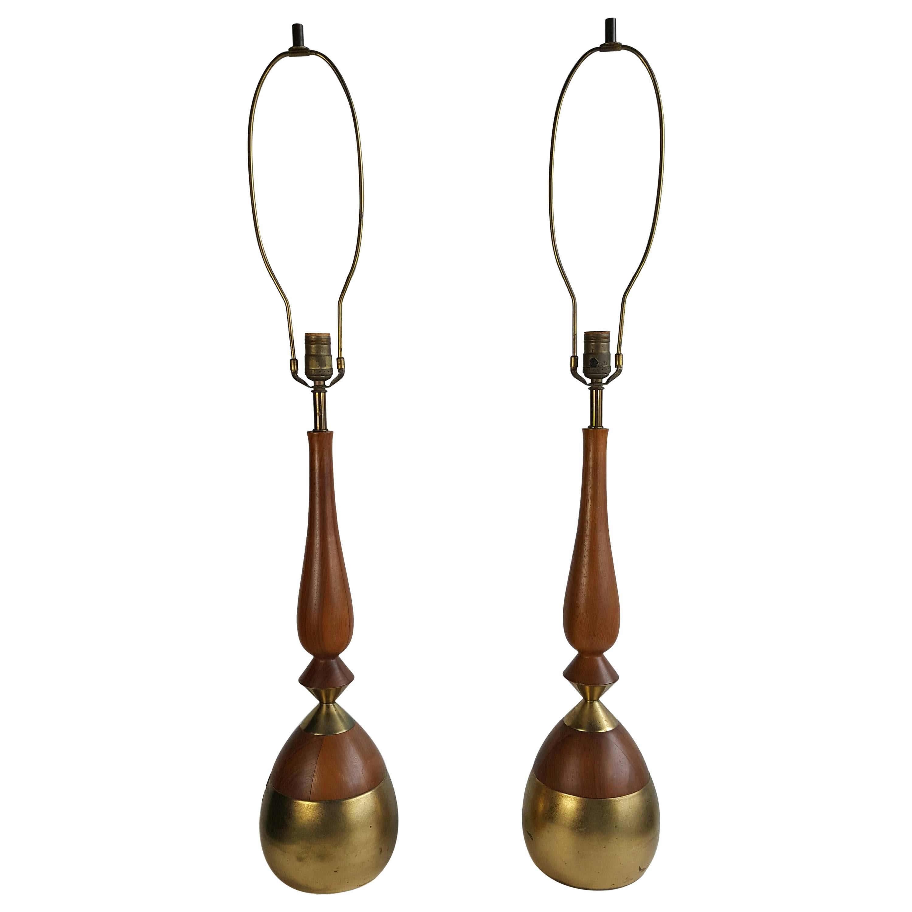 Pair of Classic Modernist Walnut and Brass Lamps by Tony Paul