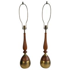 Pair of Classic Modernist Walnut and Brass Lamps by Tony Paul