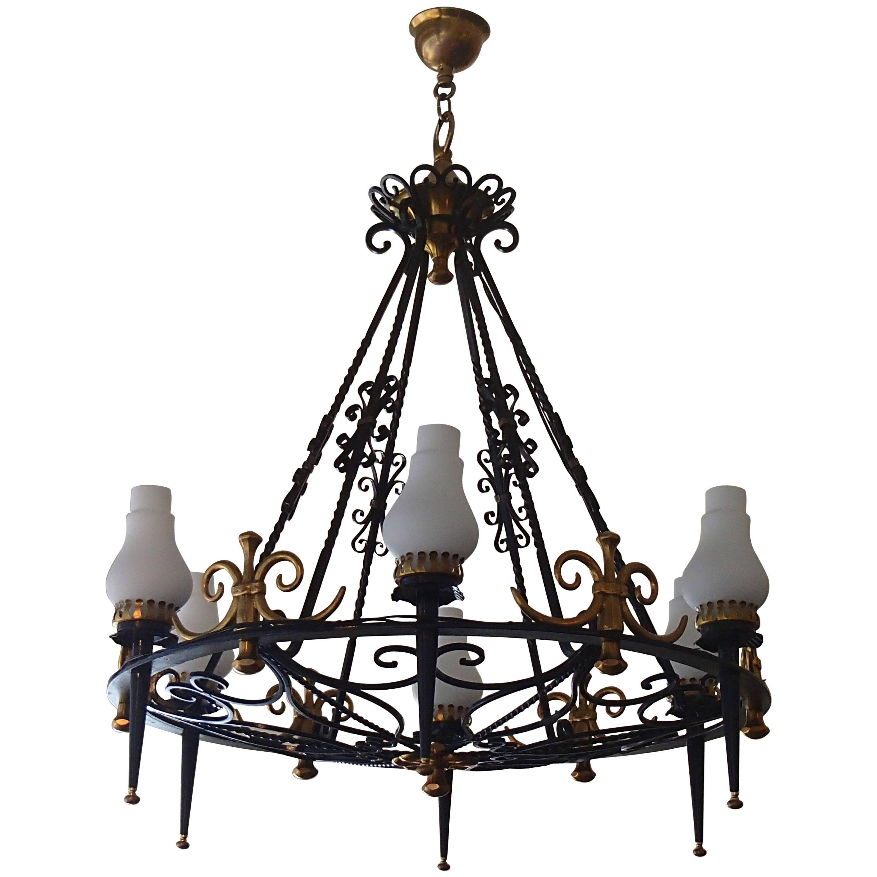 Hughes 1940 Chandelier, Wrought Iron and Brass Opal Glass For Sale