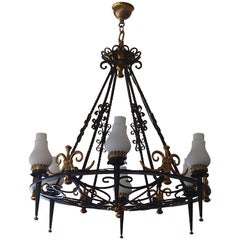 Hughes 1940 Chandelier, Wrought Iron and Brass Opal Glass