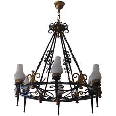 Hughes 1940 Chandelier, Wrought Iron and Brass Opal Glass 6