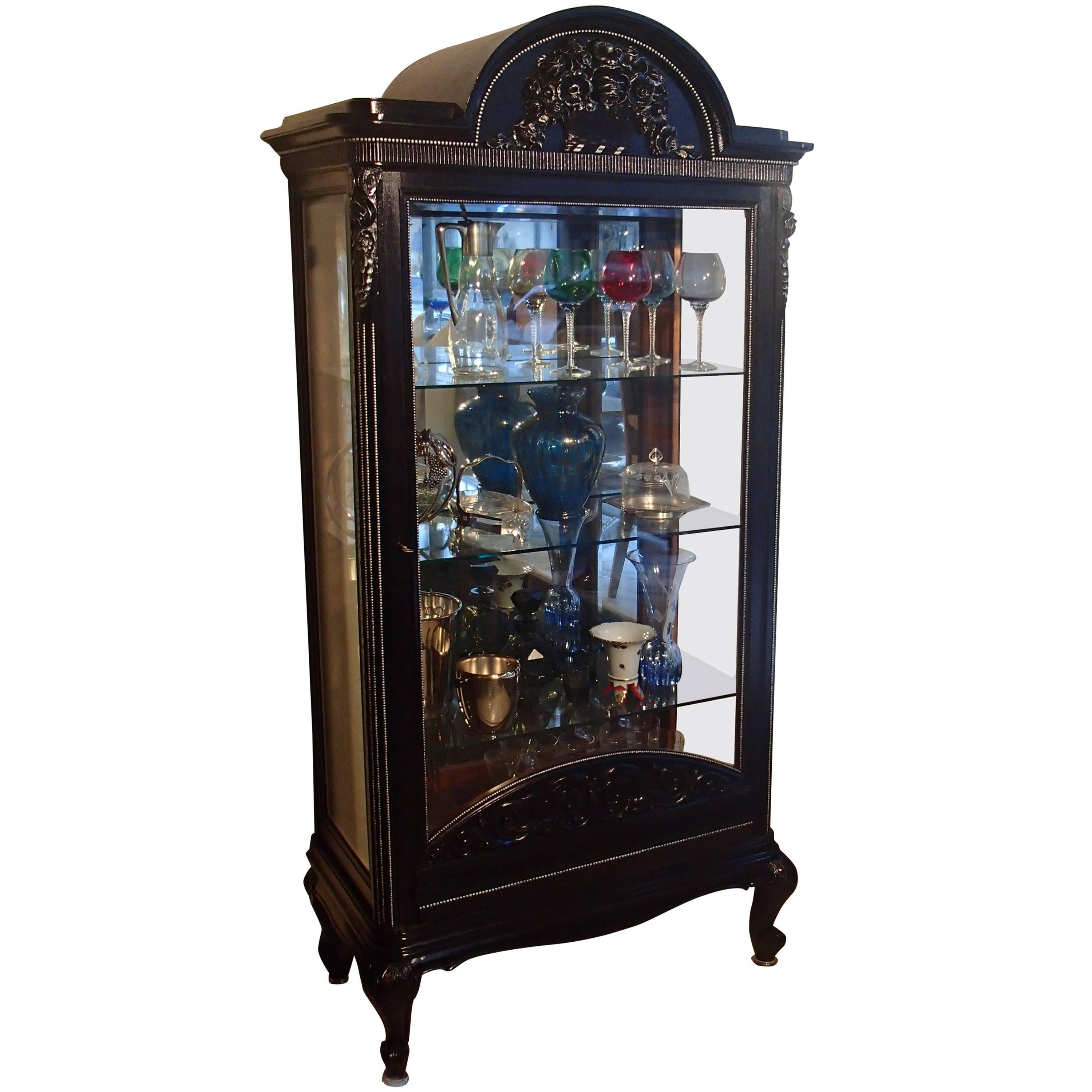 1880s Black Oak Cabinet with Carved Ornaments Original Silver Chrome Mirror For Sale